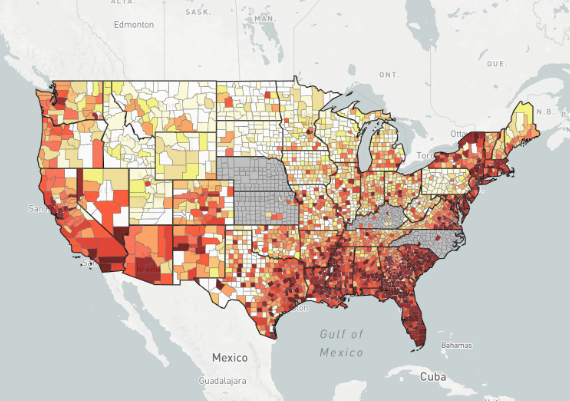Map of HIV prevalence rates in the United States