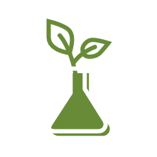 An illustrated icon of plant leaves emerging from a scientific beaker.