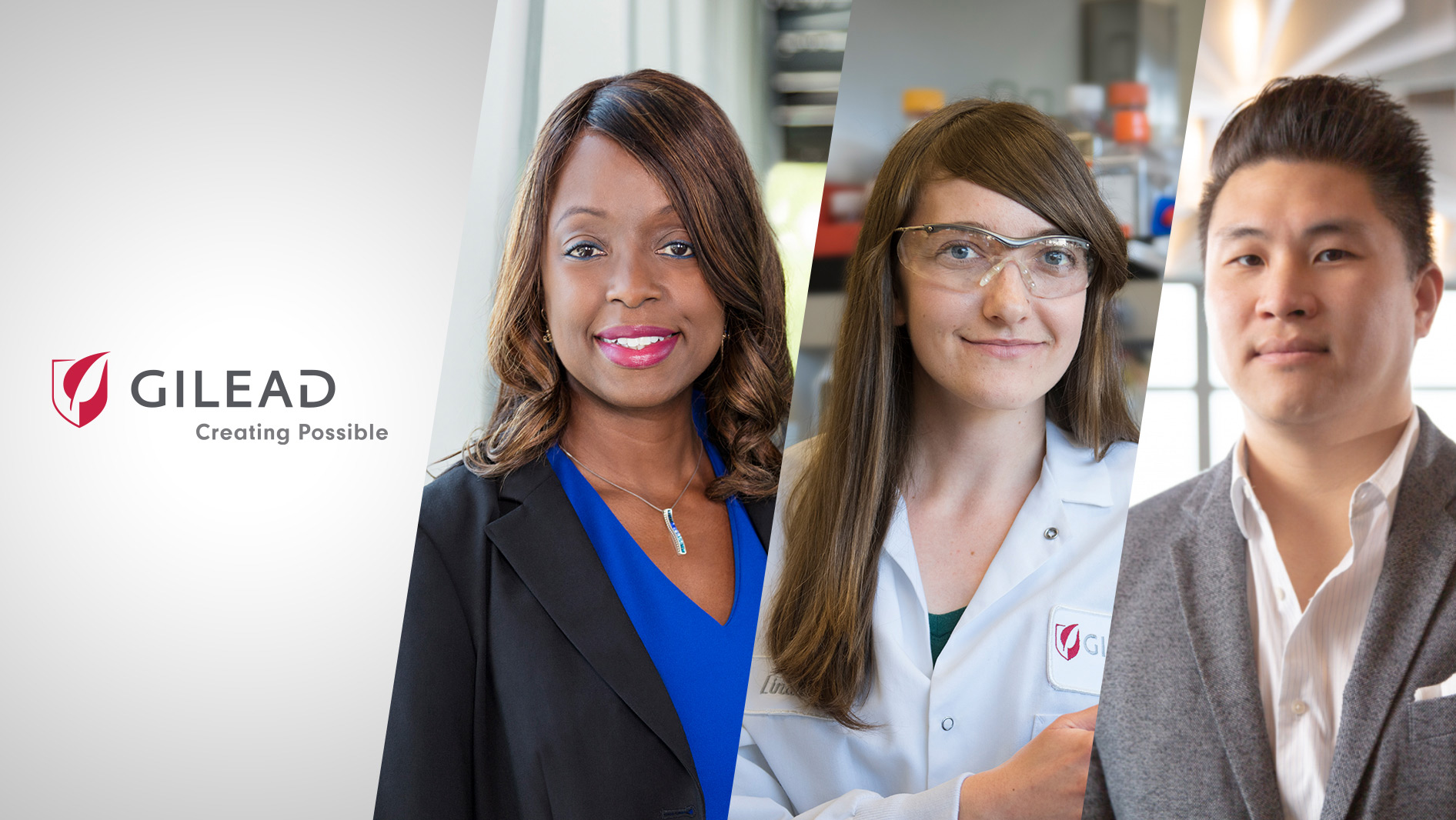 Gilead brand statement “creating possible” and three Gilead employees